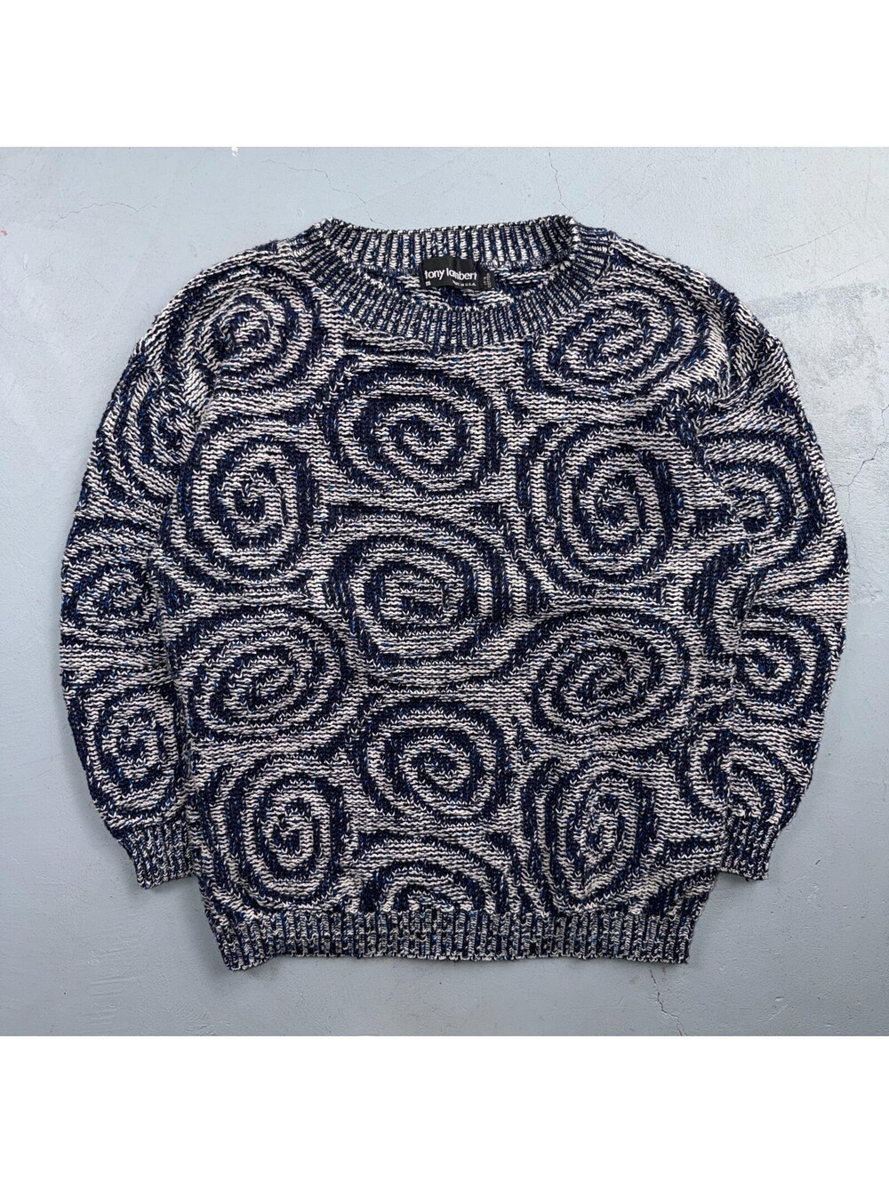 VTG RARE 90s Tony Lambert Textured Knit Sweater Blue White Abstract Made USA M